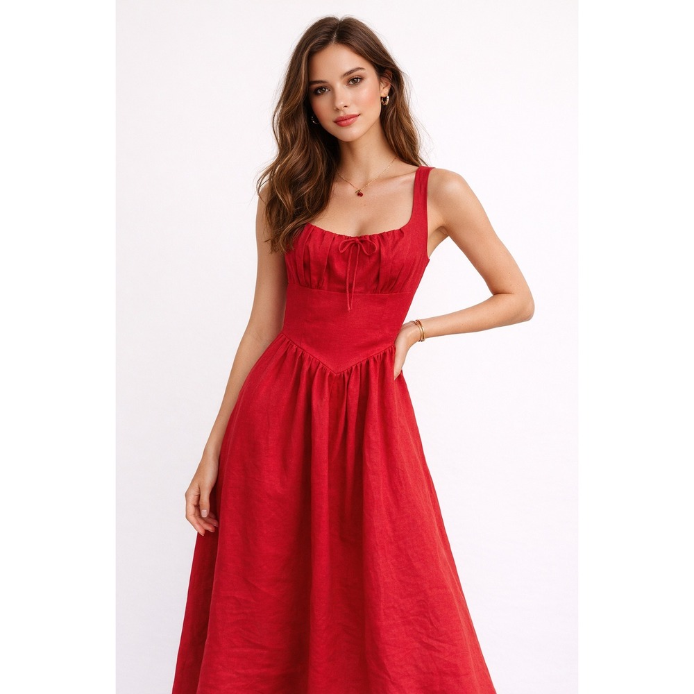 Few Moda Chiara Red Linen Blend Smocked Midi Dress Womens 14W NWT